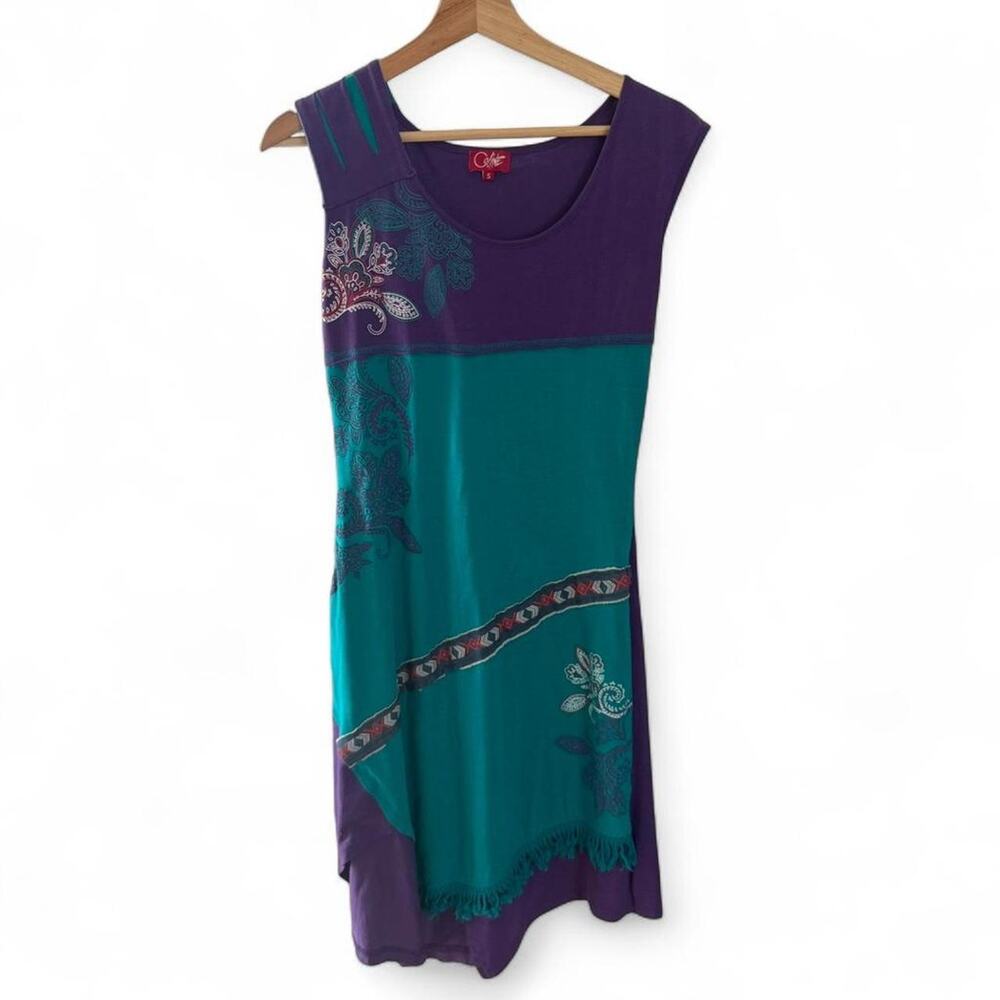 Coline Dress Purple Teal Floral Asymmetric Boho Patchwork Fairycore Y2K Print S